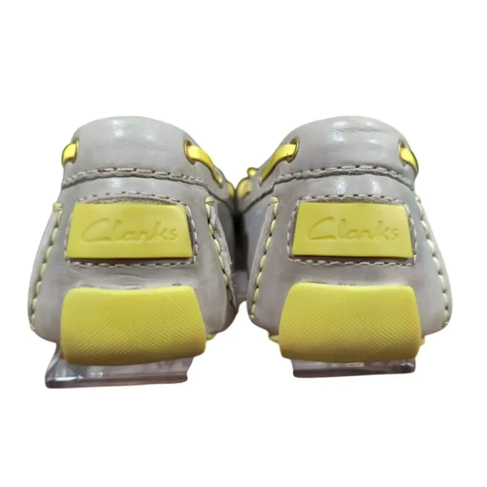 Clarks Artisan Leather Driving Loafers‎ with Bows, Gray and Yellow, Size 8.5